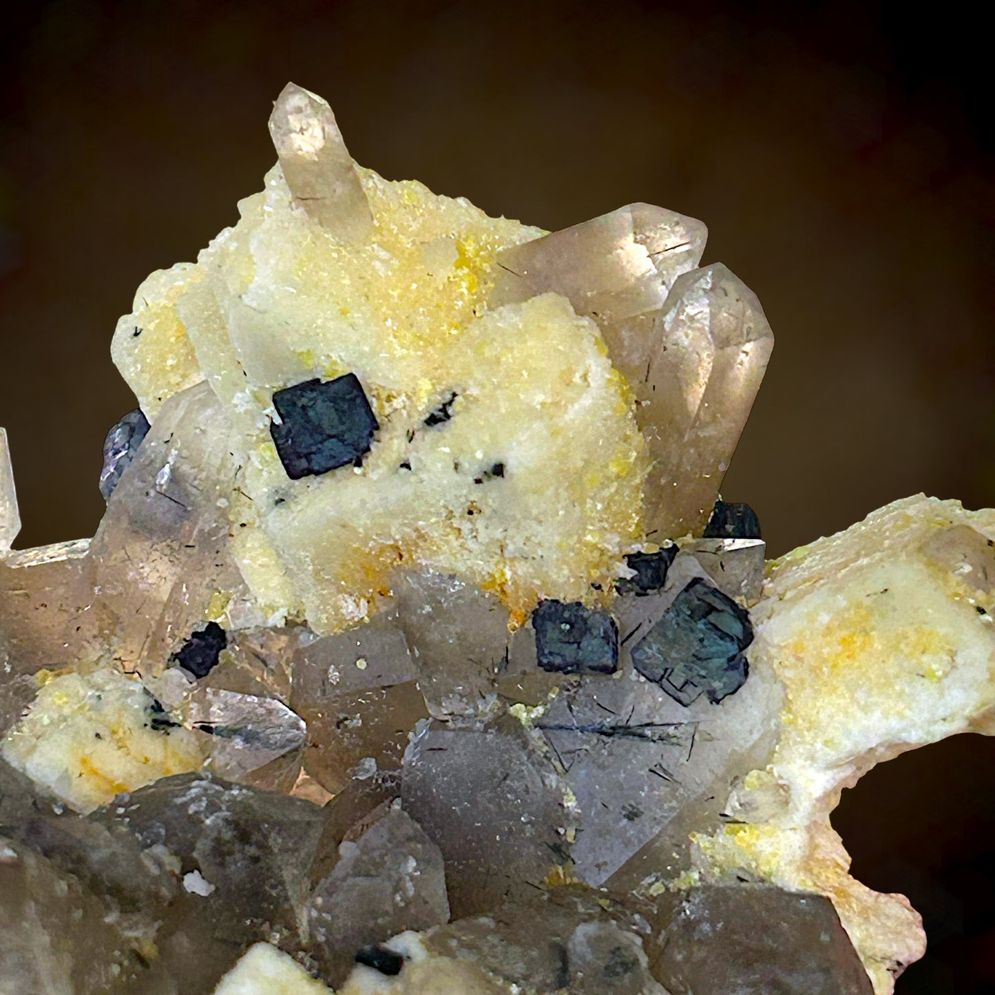Fluorite on microcline, Smokey Quartz - Erongo, Namibia